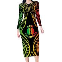 New Caledonia Day Family Matching Long Sleeve Bodycon Dress and Hawaiian Shirt Polynesian Curves Reggae Color LT05 Mom's Dress Reggae - Polynesian Pride