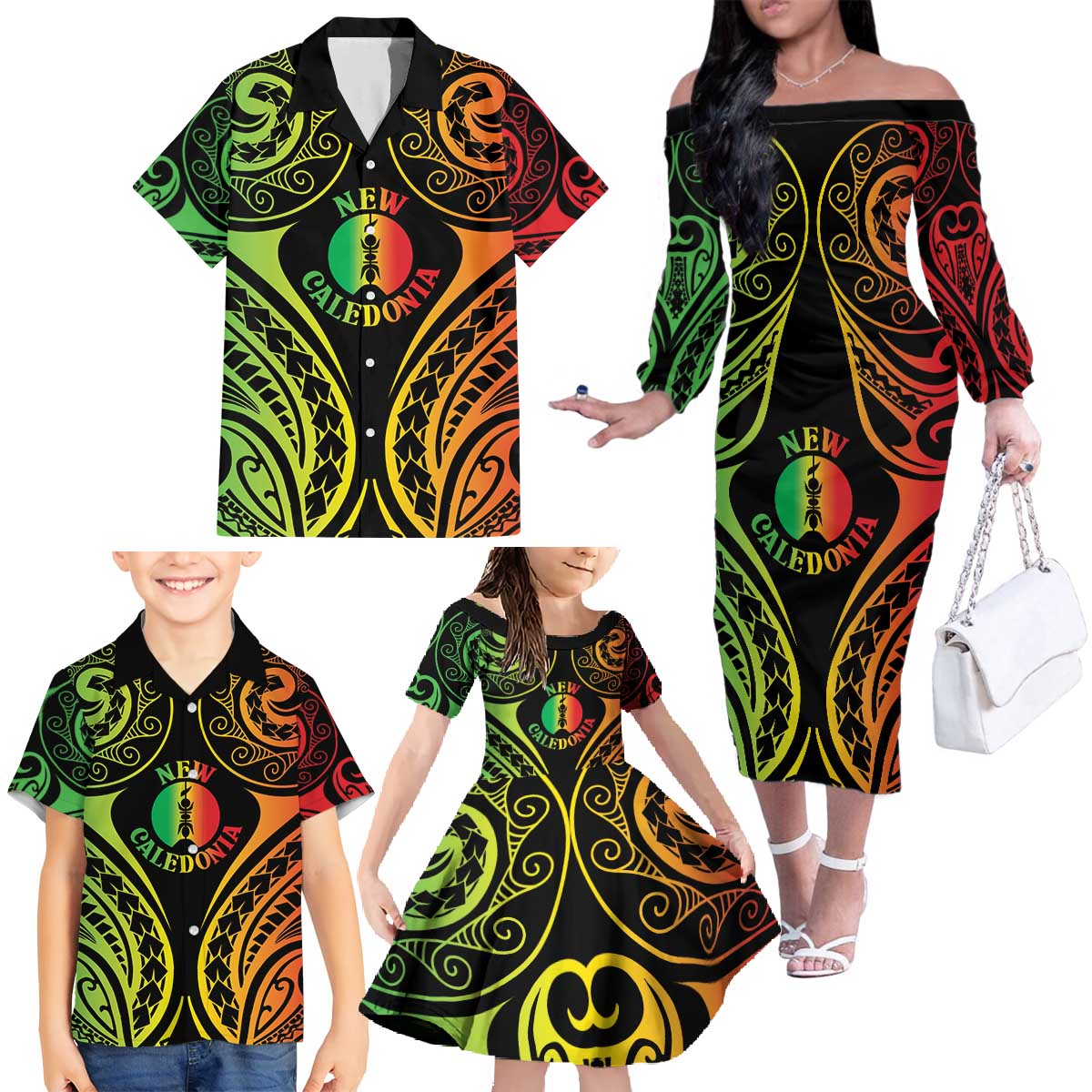 New Caledonia Day Family Matching Off The Shoulder Long Sleeve Dress and Hawaiian Shirt Polynesian Curves Reggae Color LT05 - Polynesian Pride