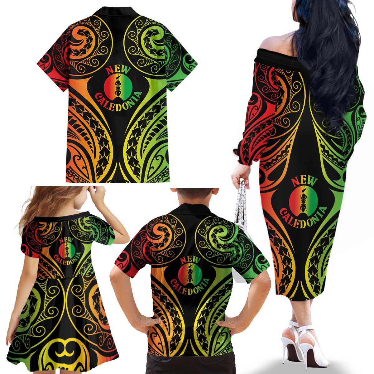 New Caledonia Day Family Matching Off The Shoulder Long Sleeve Dress and Hawaiian Shirt Polynesian Curves Reggae Color LT05 - Polynesian Pride