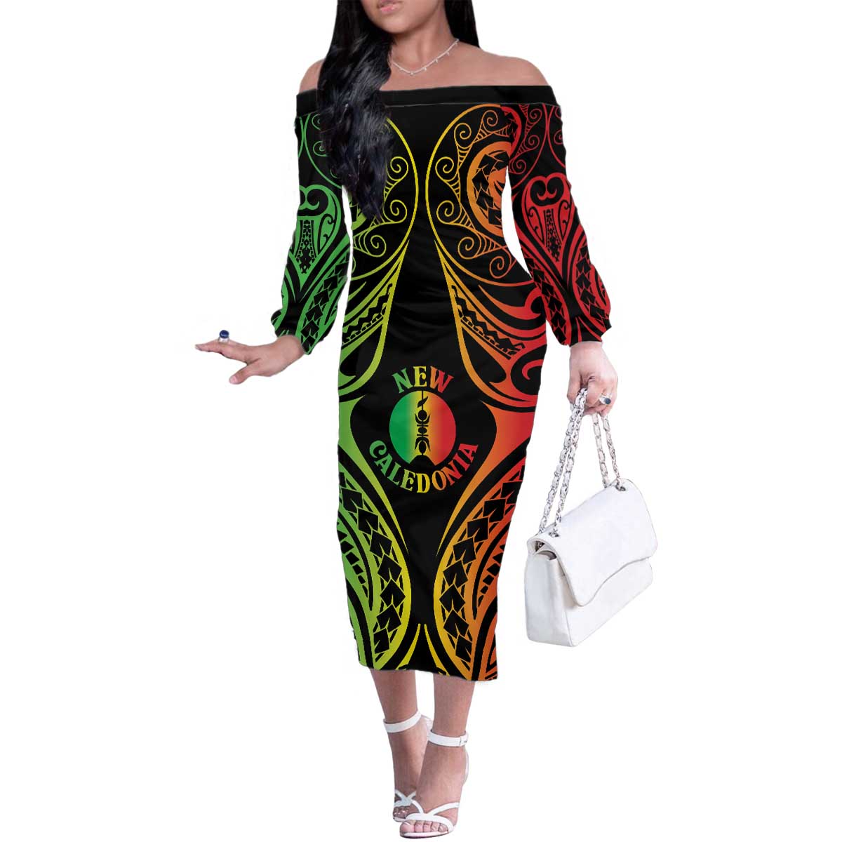 New Caledonia Day Family Matching Off The Shoulder Long Sleeve Dress and Hawaiian Shirt Polynesian Curves Reggae Color LT05 Mom's Dress Reggae - Polynesian Pride