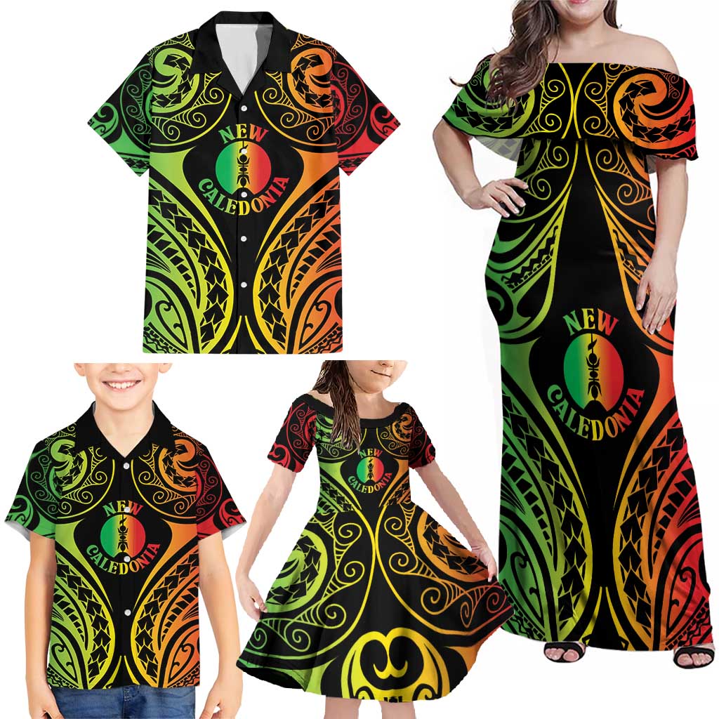 New Caledonia Day Family Matching Off Shoulder Maxi Dress and Hawaiian Shirt Polynesian Curves Reggae Color LT05 - Polynesian Pride