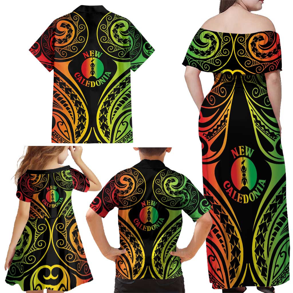 New Caledonia Day Family Matching Off Shoulder Maxi Dress and Hawaiian Shirt Polynesian Curves Reggae Color LT05 - Polynesian Pride