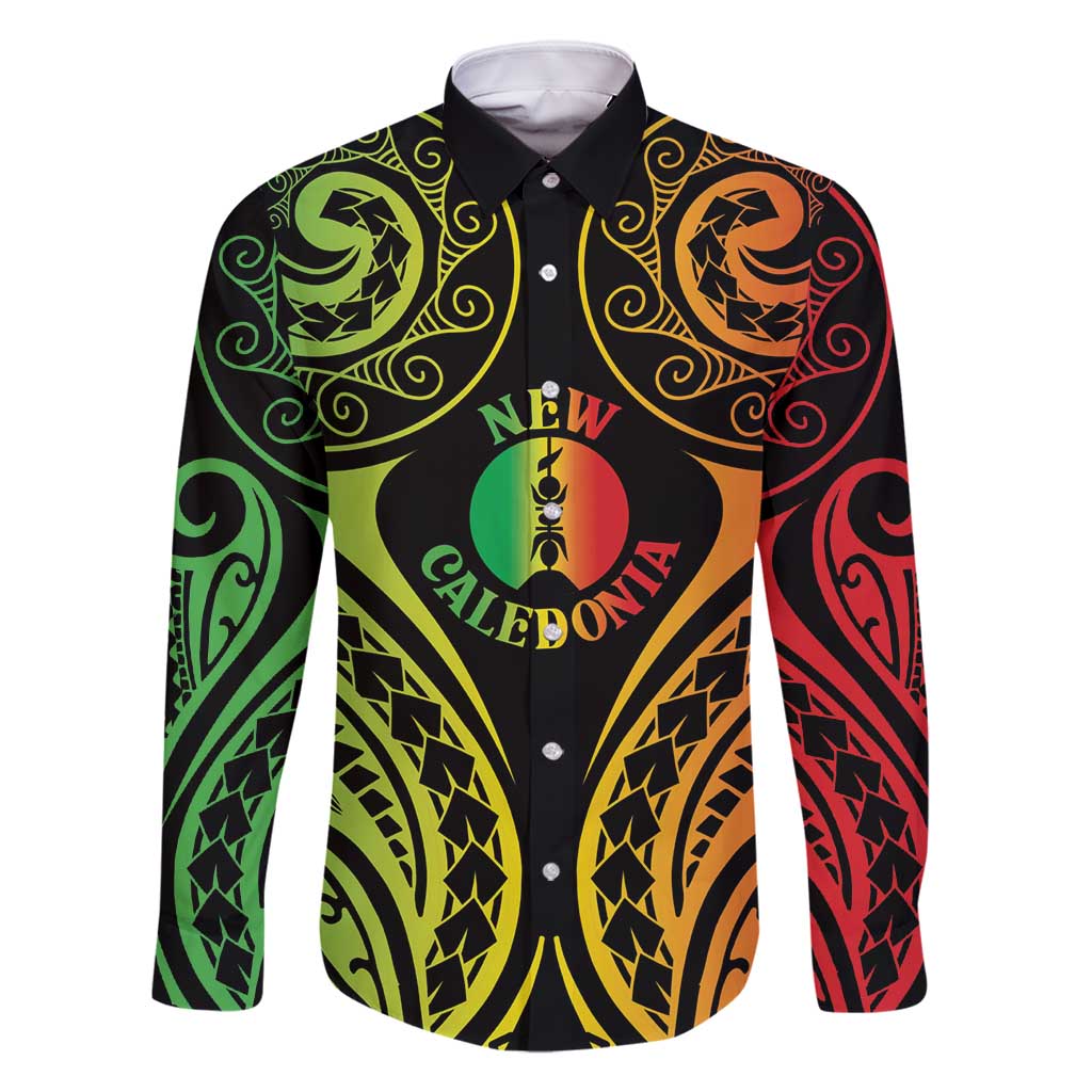 New Caledonia Day Family Matching Off Shoulder Maxi Dress and Hawaiian Shirt Polynesian Curves Reggae Color LT05 Dad's Shirt - Long Sleeve Reggae - Polynesian Pride