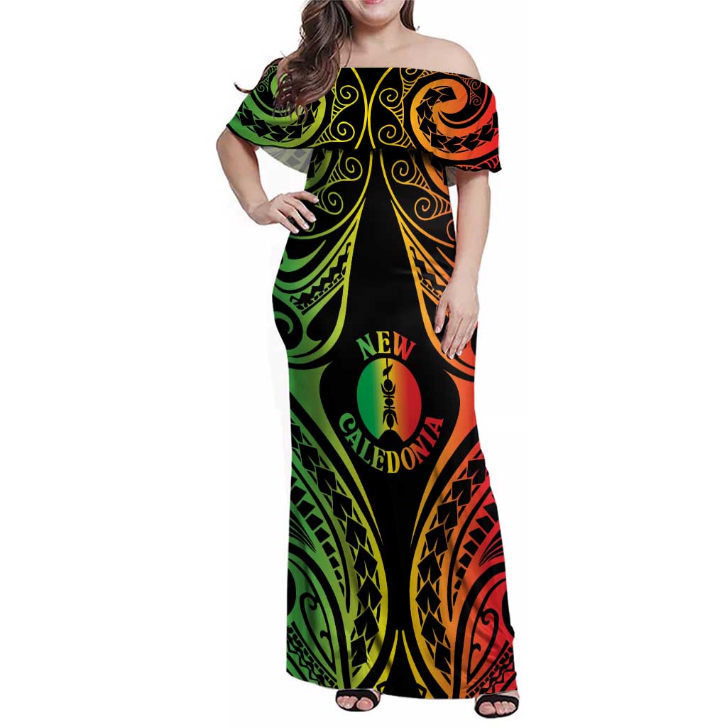 New Caledonia Day Family Matching Off Shoulder Maxi Dress and Hawaiian Shirt Polynesian Curves Reggae Color LT05 Mom's Dress Reggae - Polynesian Pride