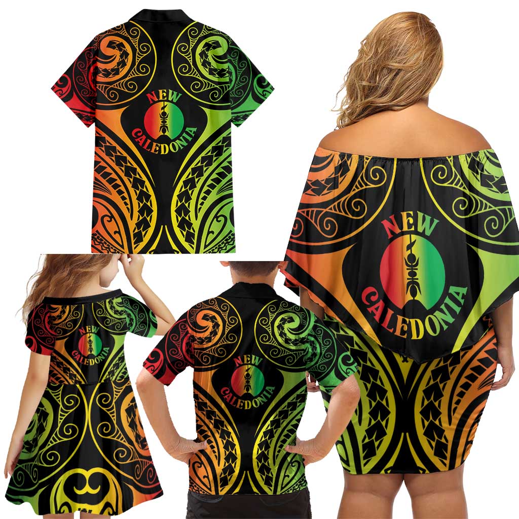 New Caledonia Day Family Matching Off Shoulder Short Dress and Hawaiian Shirt Polynesian Curves Reggae Color LT05 - Polynesian Pride