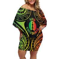 New Caledonia Day Family Matching Off Shoulder Short Dress and Hawaiian Shirt Polynesian Curves Reggae Color LT05 Mom's Dress Reggae - Polynesian Pride