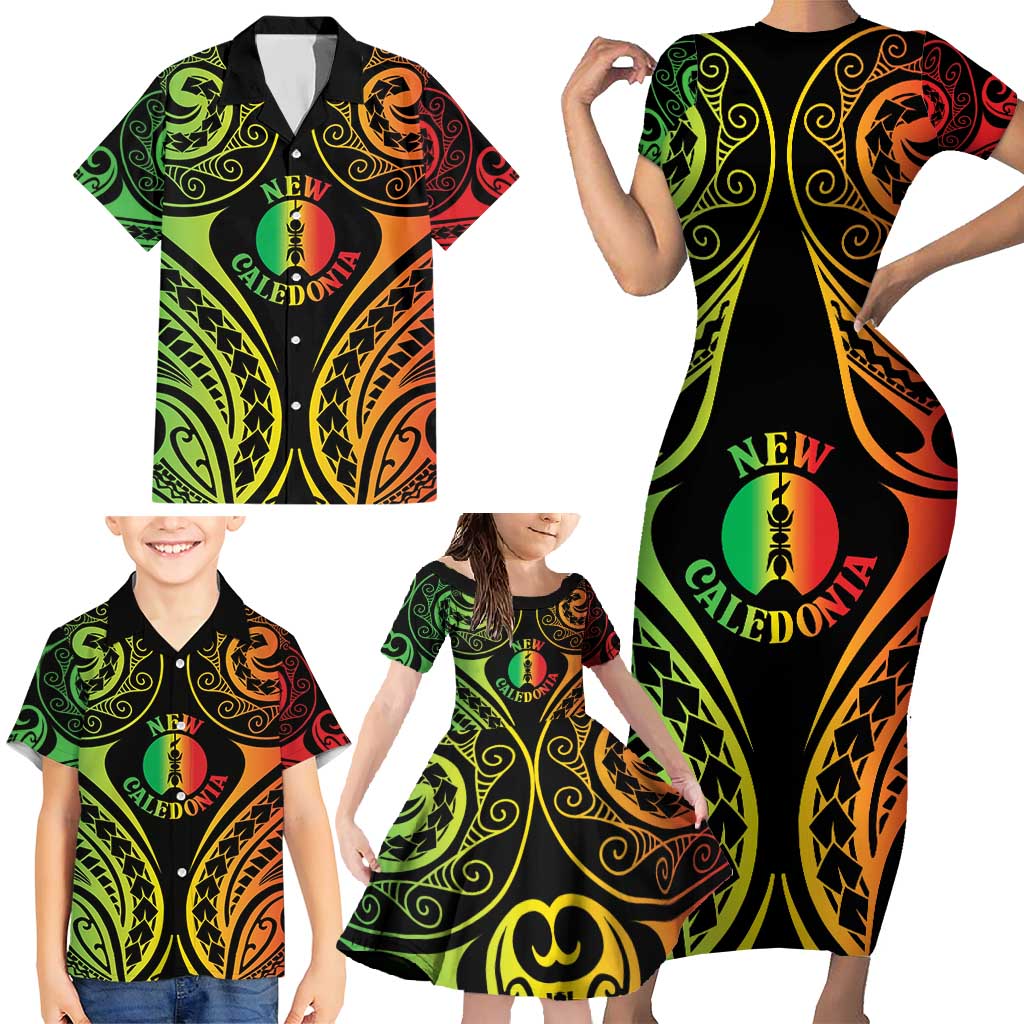 New Caledonia Day Family Matching Short Sleeve Bodycon Dress and Hawaiian Shirt Polynesian Curves Reggae Color LT05 - Polynesian Pride