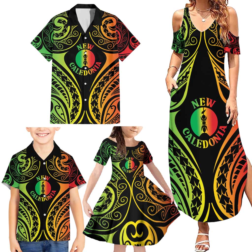New Caledonia Day Family Matching Summer Maxi Dress and Hawaiian Shirt Polynesian Curves Reggae Color LT05 - Polynesian Pride
