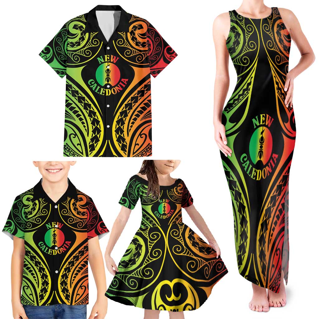 New Caledonia Day Family Matching Tank Maxi Dress and Hawaiian Shirt Polynesian Curves Reggae Color LT05 - Polynesian Pride