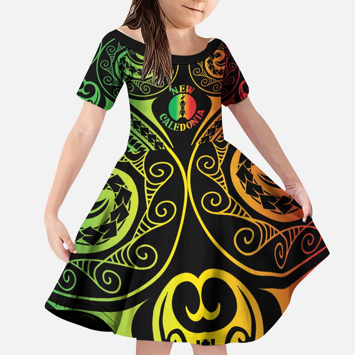 New Caledonia Day Kid Short Sleeve Dress Polynesian Curves Reggae Color - Polynesian Pride