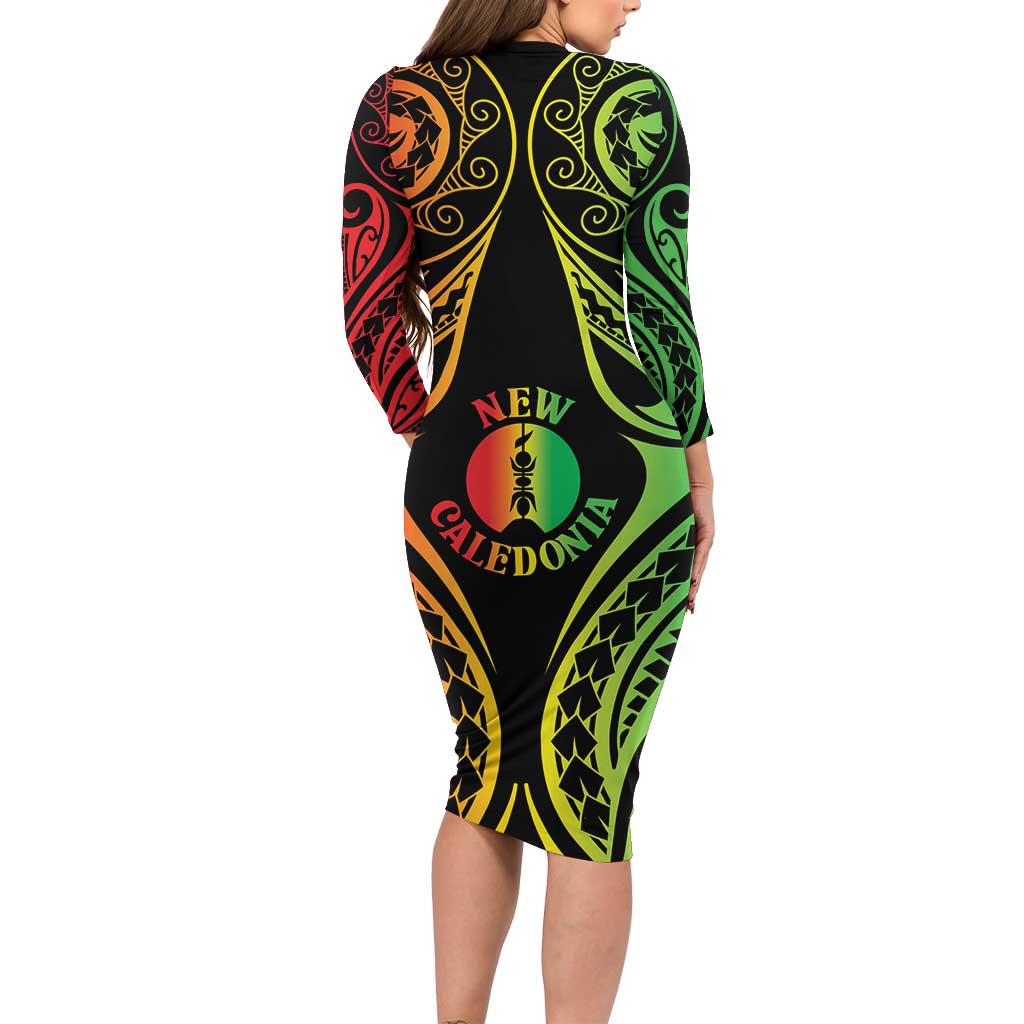 New Caledonia Day Long Sleeve Bodycon Dress Polynesian Curves Reggae Color - Polynesian Pride