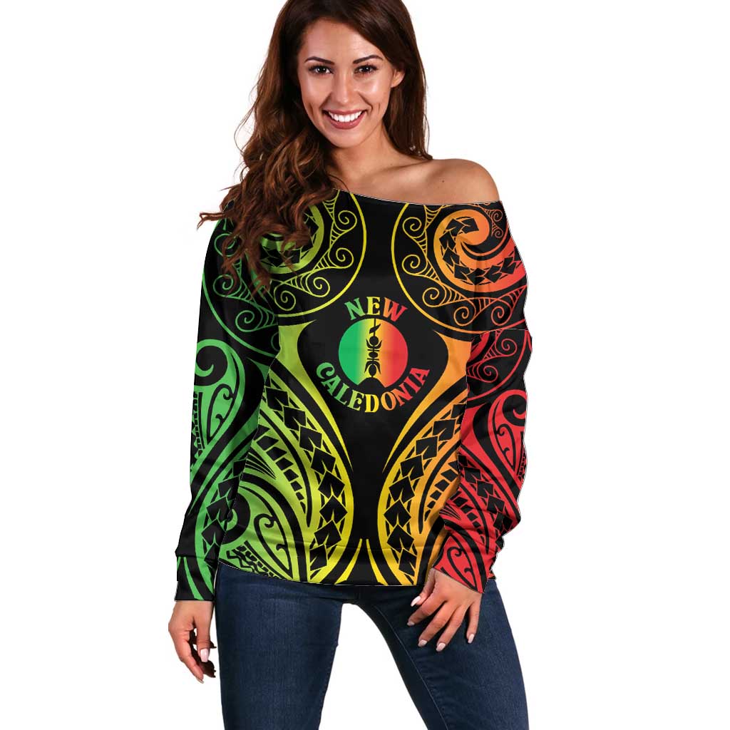 New Caledonia Day Off Shoulder Sweater Polynesian Curves Reggae Color LT05 Women Reggae - Polynesian Pride