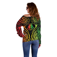 New Caledonia Day Off Shoulder Sweater Polynesian Curves Reggae Color LT05 - Polynesian Pride