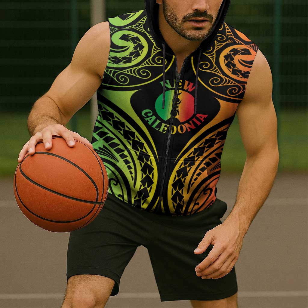 New Caledonia Day Sleeveless Zip Hoodie Polynesian Curves Reggae Color - Polynesian Pride