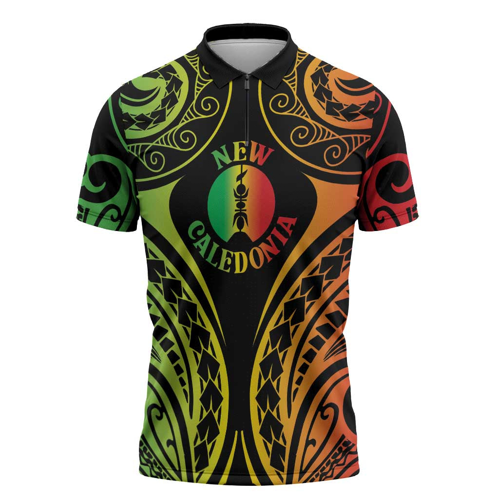 New Caledonia Day Zipper Polo Shirt Polynesian Curves Reggae Color - Polynesian Pride