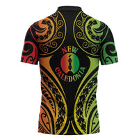 New Caledonia Day Zipper Polo Shirt Polynesian Curves Reggae Color - Polynesian Pride