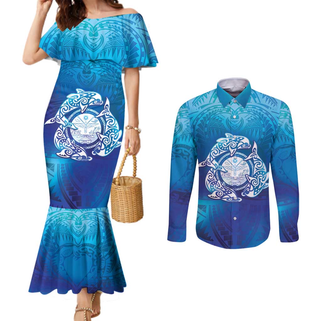 Marshall Islands Manit Day Couples Matching Mermaid Dress and Long Sleeve Button Shirt Tribal Dolphin With Marshall Seal - Polynesian Pride