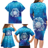 Marshall Islands Manit Day Family Matching Long Sleeve Bodycon Dress and Hawaiian Shirt Tribal Dolphin With Marshall Seal LT05 - Polynesian Pride