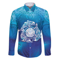 Marshall Islands Manit Day Family Matching Long Sleeve Bodycon Dress and Hawaiian Shirt Tribal Dolphin With Marshall Seal LT05 Dad's Shirt - Long Sleeve Blue - Polynesian Pride
