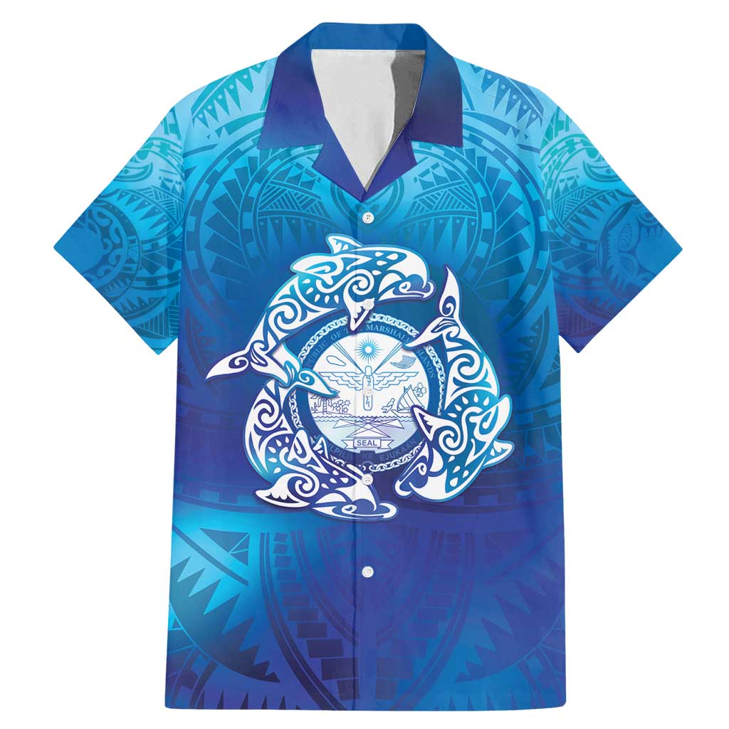 Marshall Islands Manit Day Family Matching Mermaid Dress and Hawaiian Shirt Tribal Dolphin With Marshall Seal LT05 Dad's Shirt - Short Sleeve Blue - Polynesian Pride