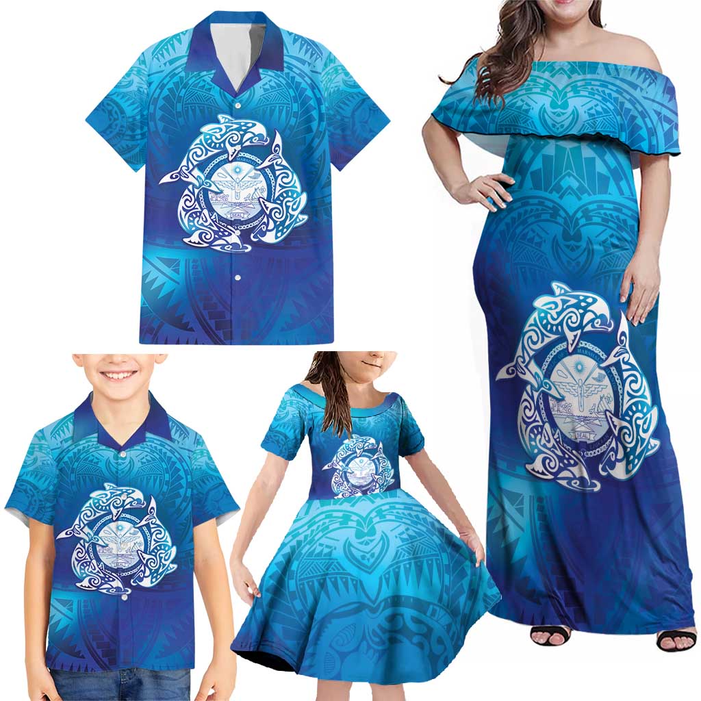 Marshall Islands Manit Day Family Matching Off Shoulder Maxi Dress and Hawaiian Shirt Tribal Dolphin With Marshall Seal LT05 - Polynesian Pride
