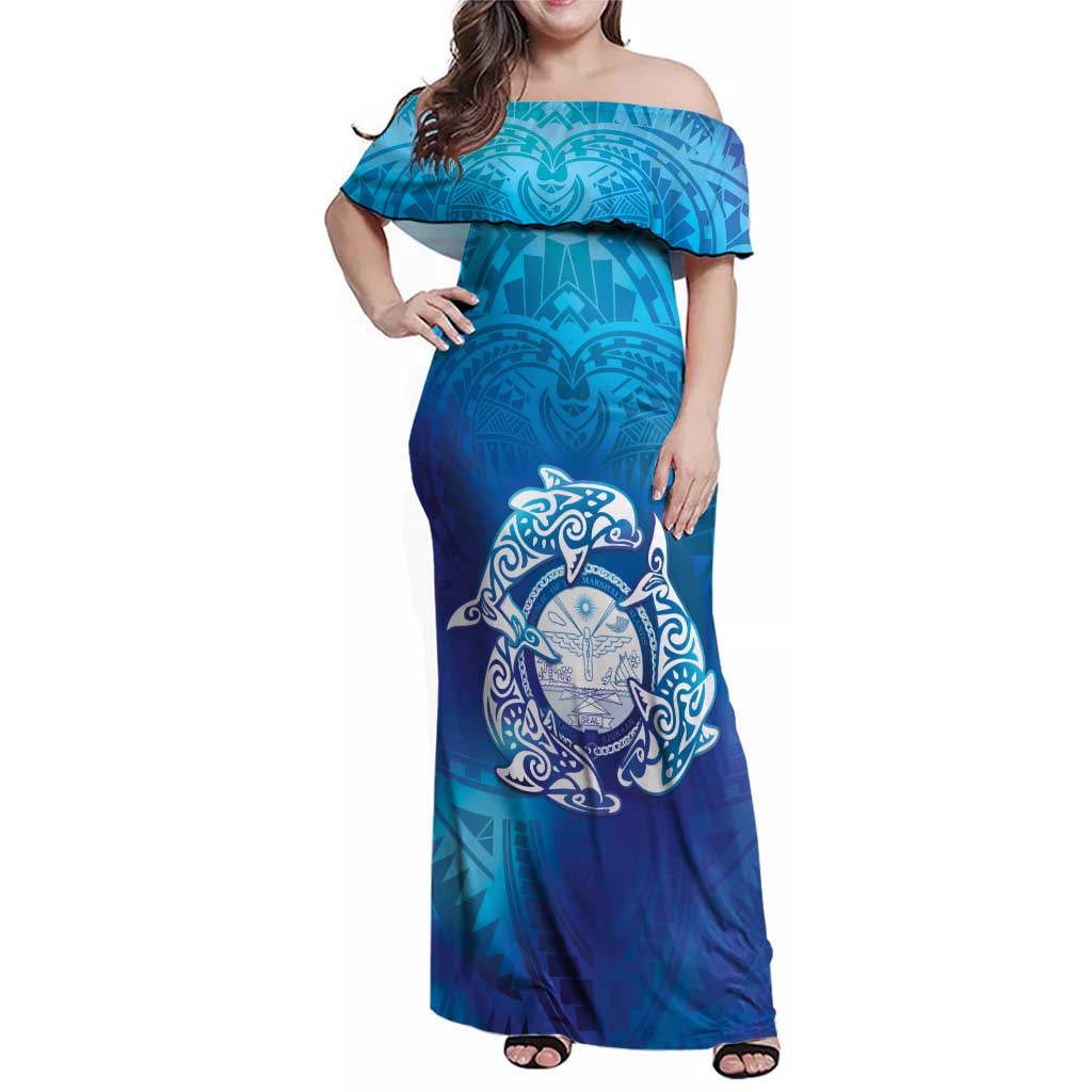 Marshall Islands Manit Day Family Matching Off Shoulder Maxi Dress and Hawaiian Shirt Tribal Dolphin With Marshall Seal LT05 Mom's Dress Blue - Polynesian Pride