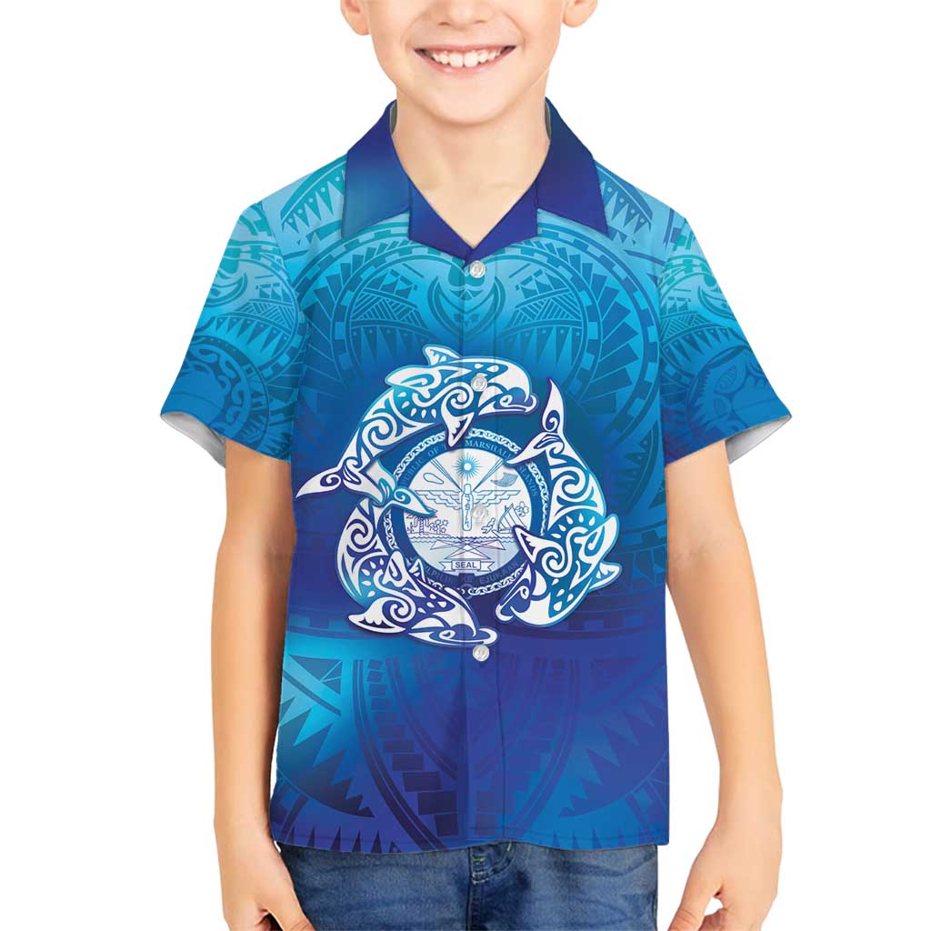 Marshall Islands Manit Day Family Matching Off Shoulder Maxi Dress and Hawaiian Shirt Tribal Dolphin With Marshall Seal LT05 Son's Shirt Blue - Polynesian Pride