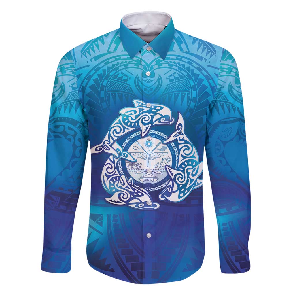 Marshall Islands Manit Day Family Matching Off Shoulder Short Dress and Hawaiian Shirt Tribal Dolphin With Marshall Seal LT05 Dad's Shirt - Long Sleeve Blue - Polynesian Pride