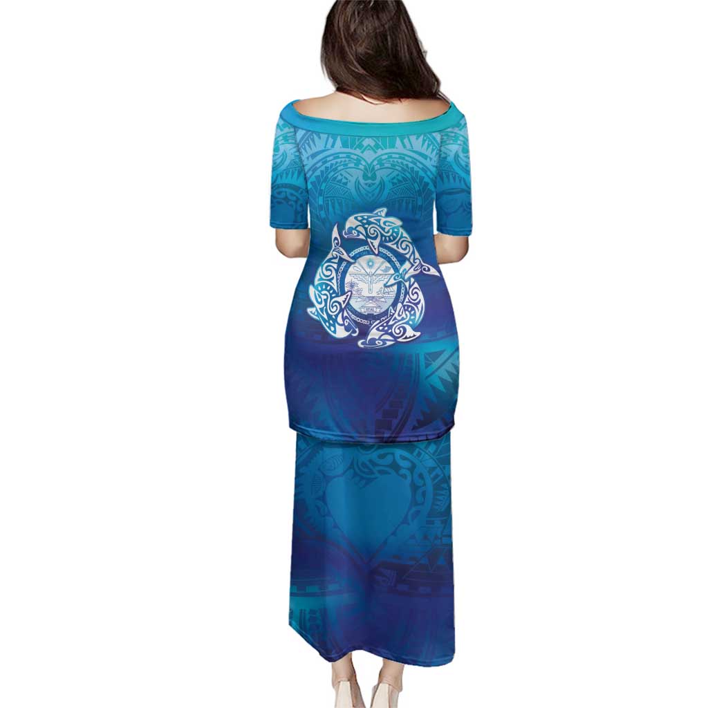 Marshall Islands Manit Day Family Matching Puletasi and Hawaiian Shirt Tribal Dolphin With Marshall Seal - Polynesian Pride