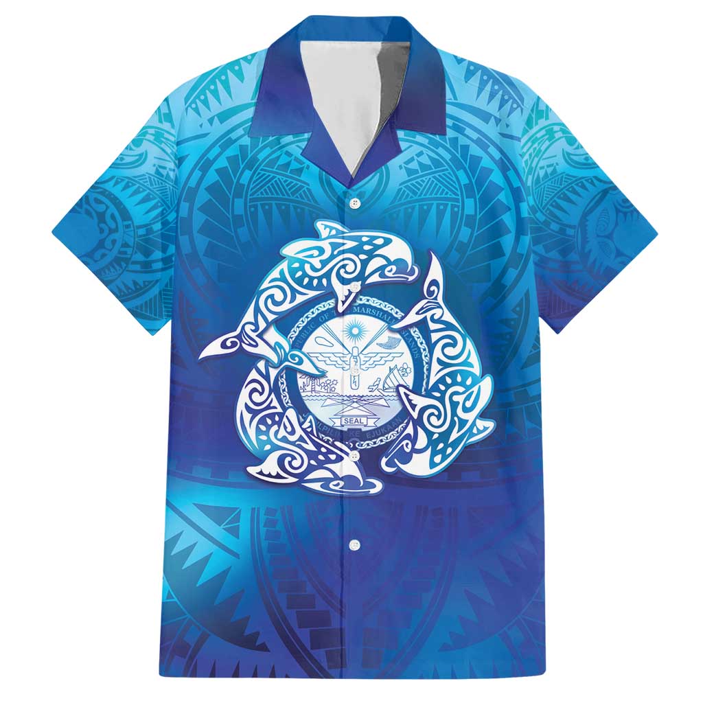 Marshall Islands Manit Day Family Matching Short Sleeve Bodycon Dress and Hawaiian Shirt Tribal Dolphin With Marshall Seal LT05 Dad's Shirt - Short Sleeve Blue - Polynesian Pride