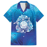 Marshall Islands Manit Day Family Matching Short Sleeve Bodycon Dress and Hawaiian Shirt Tribal Dolphin With Marshall Seal LT05 Dad's Shirt - Short Sleeve Blue - Polynesian Pride