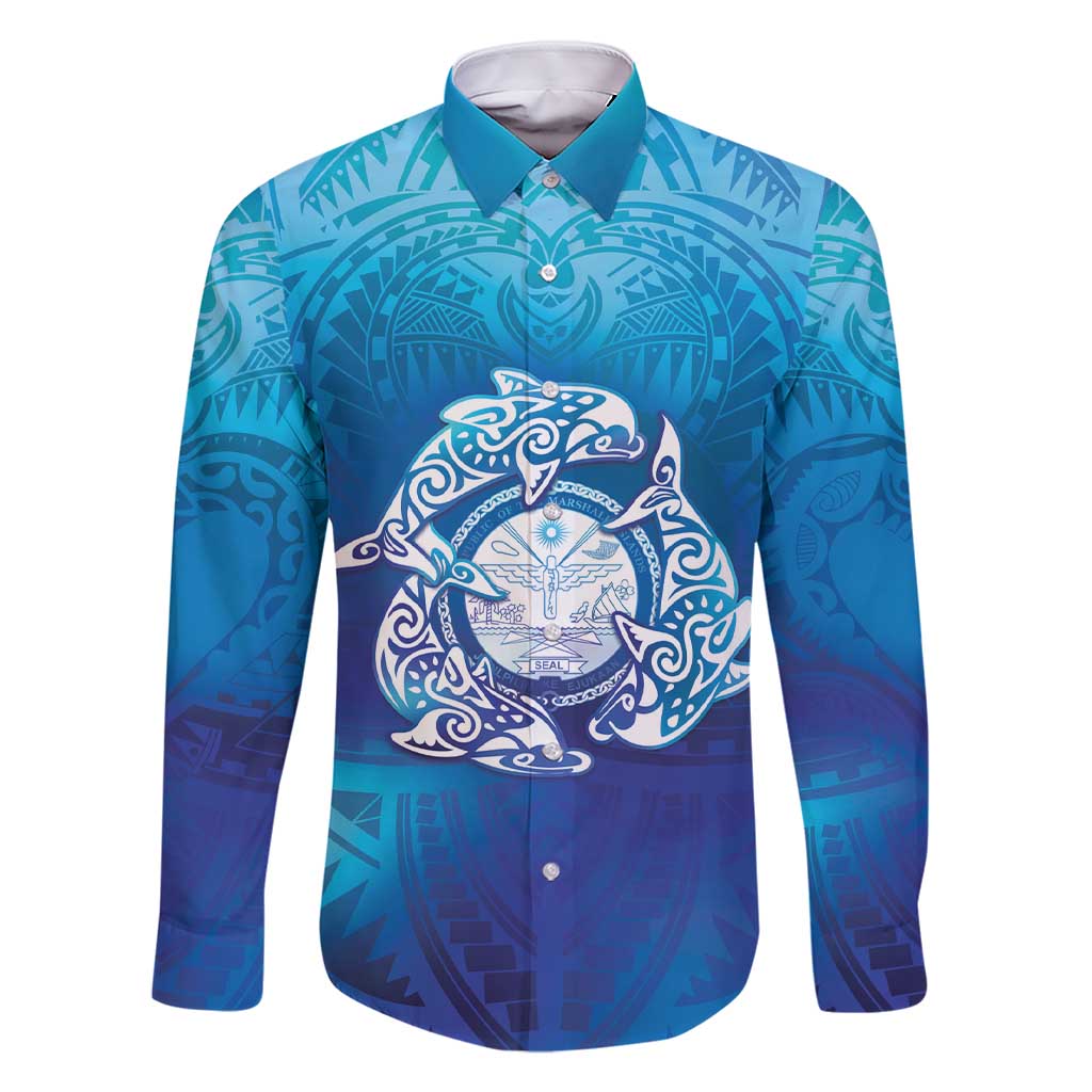 Marshall Islands Manit Day Family Matching Short Sleeve Bodycon Dress and Hawaiian Shirt Tribal Dolphin With Marshall Seal LT05 Dad's Shirt - Long Sleeve Blue - Polynesian Pride