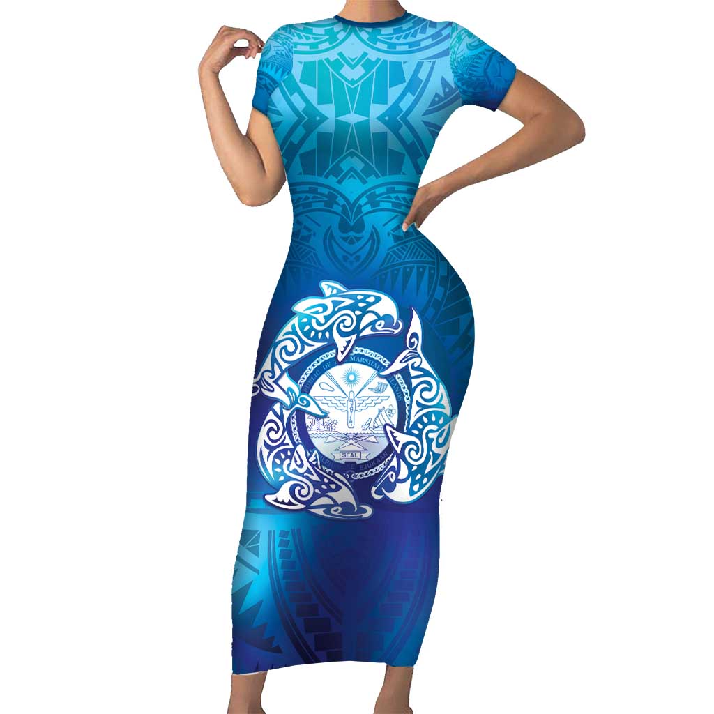 Marshall Islands Manit Day Family Matching Short Sleeve Bodycon Dress and Hawaiian Shirt Tribal Dolphin With Marshall Seal LT05 Mom's Dress Blue - Polynesian Pride