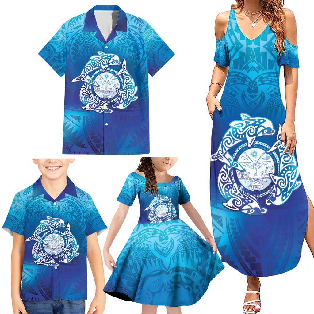 Marshall Islands Manit Day Family Matching Summer Maxi Dress and Hawaiian Shirt Tribal Dolphin With Marshall Seal LT05 - Polynesian Pride