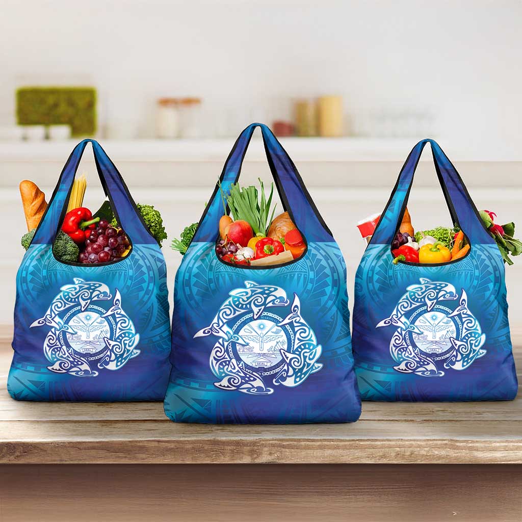 Marshall Islands Manit Day Grocery Bag Tribal Dolphin With Marshall Seal - Polynesian Pride
