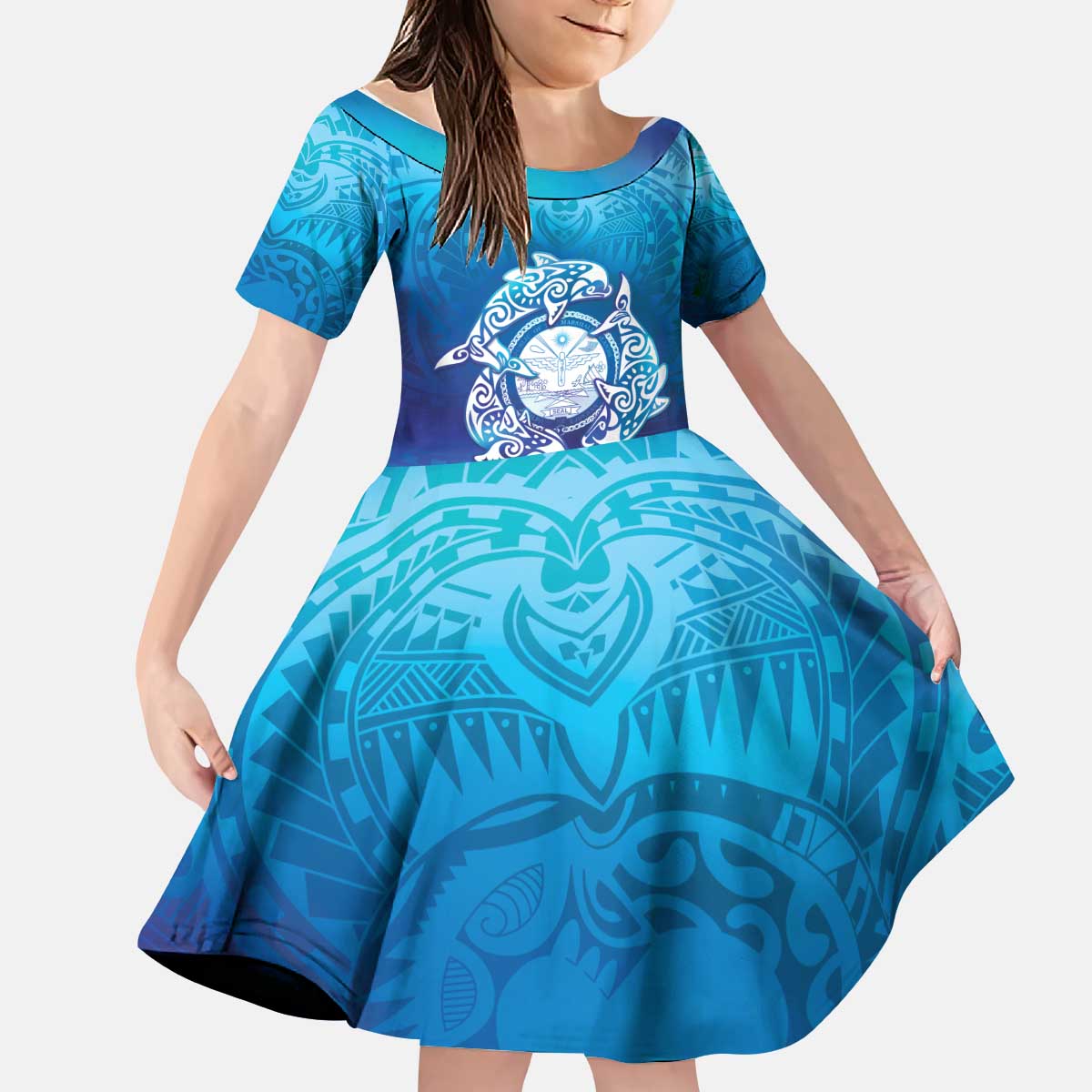Marshall Islands Manit Day Kid Short Sleeve Dress Tribal Dolphin With Marshall Seal - Polynesian Pride