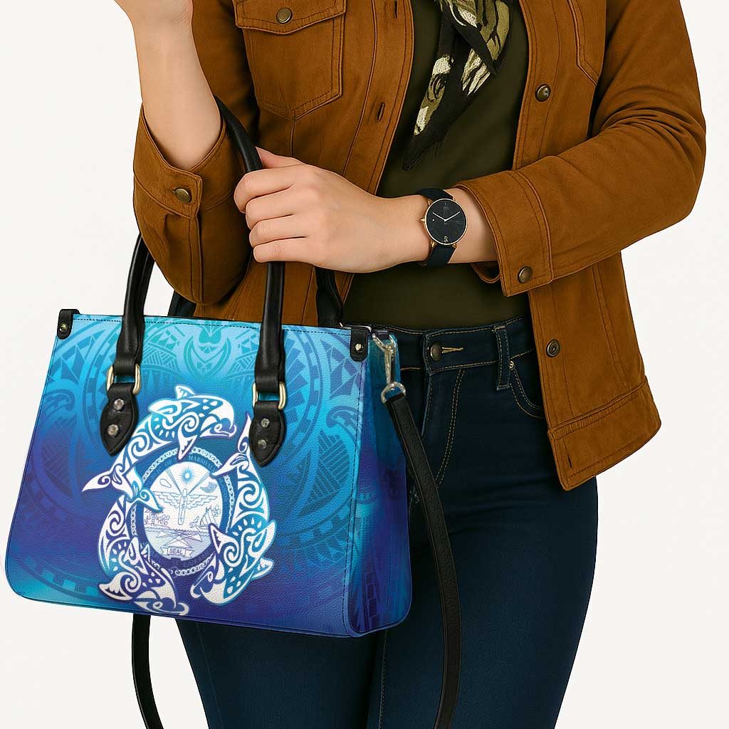 Marshall Islands Manit Day Leather Bag Tribal Dolphin With Marshall Seal - Polynesian Pride