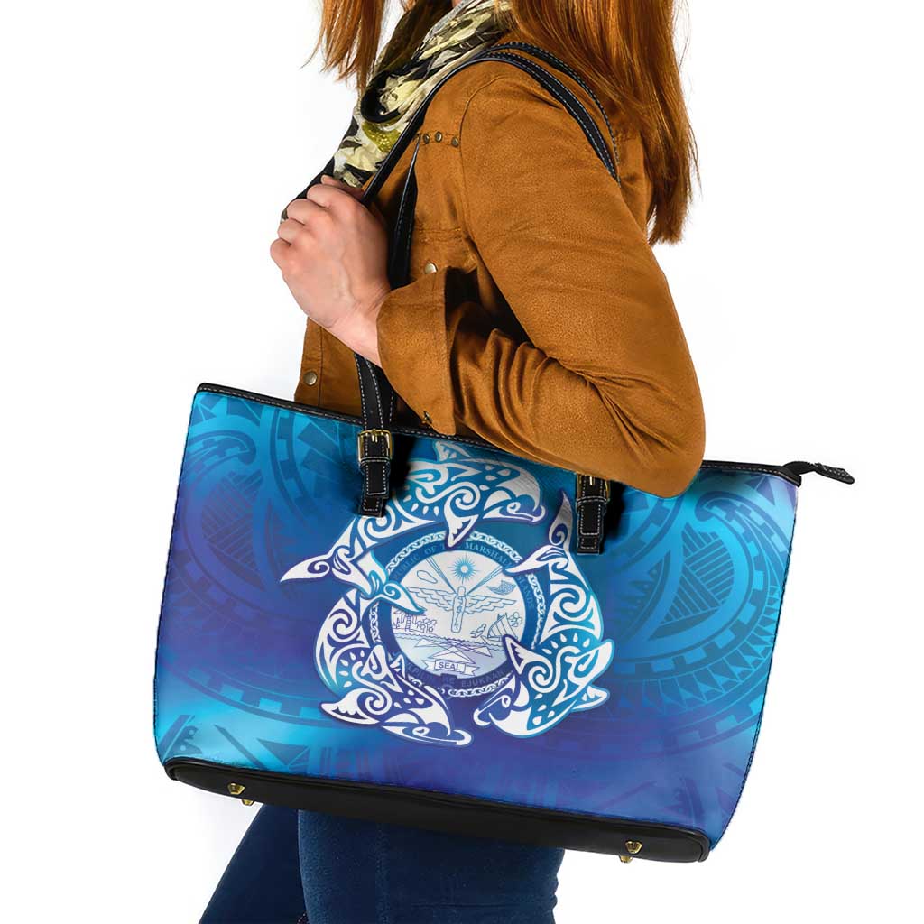 Marshall Islands Manit Day Leather Tote Bag Tribal Dolphin With Marshall Seal - Polynesian Pride