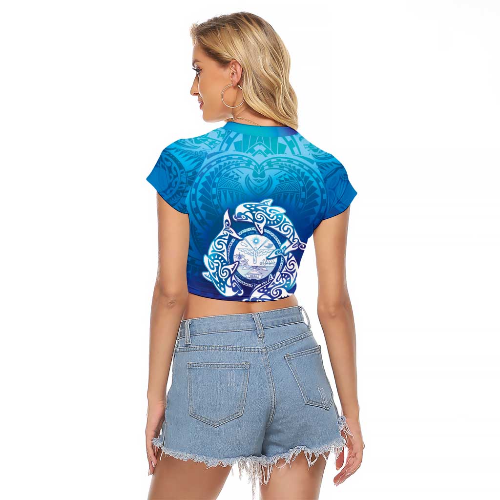 Marshall Islands Manit Day Raglan Cropped T Shirt Tribal Dolphin With Marshall Seal - Polynesian Pride