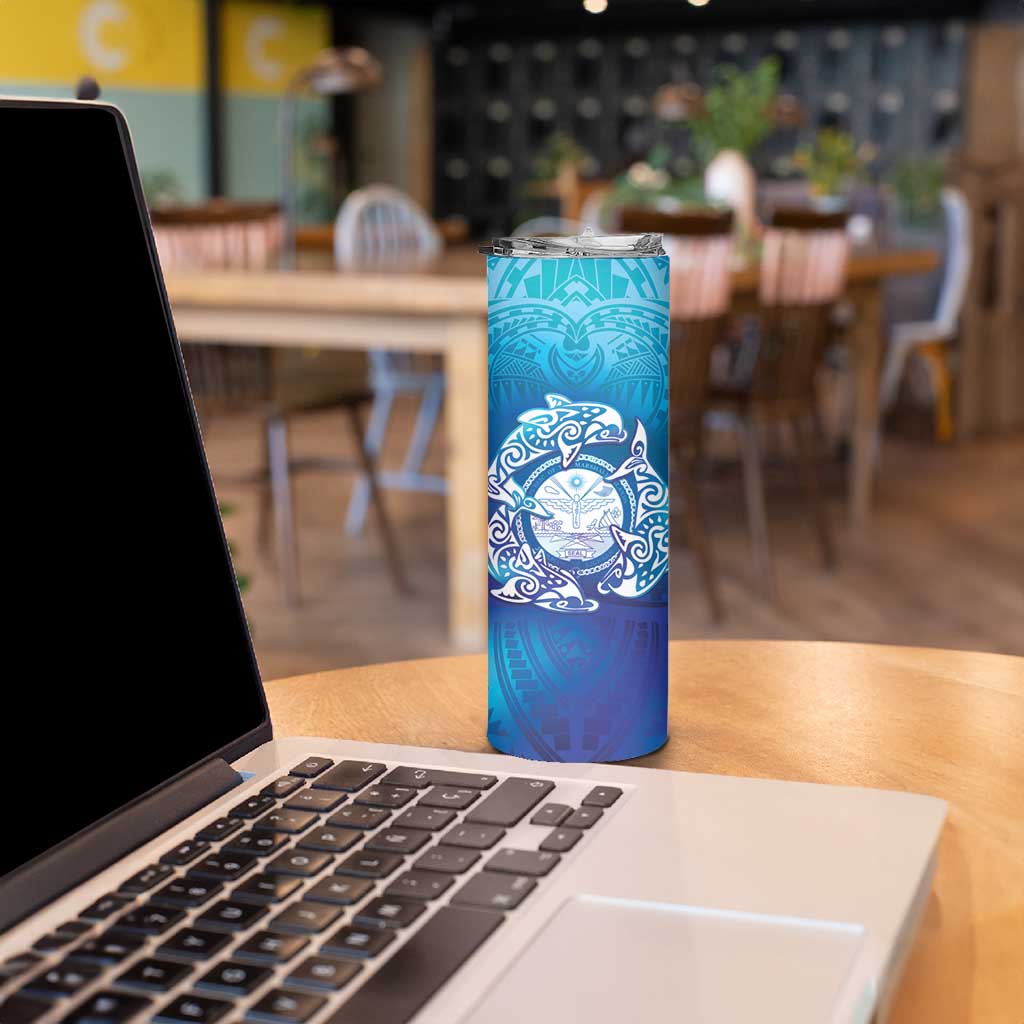 Marshall Islands Manit Day Skinny Tumbler Tribal Dolphin With Marshall Seal - Polynesian Pride