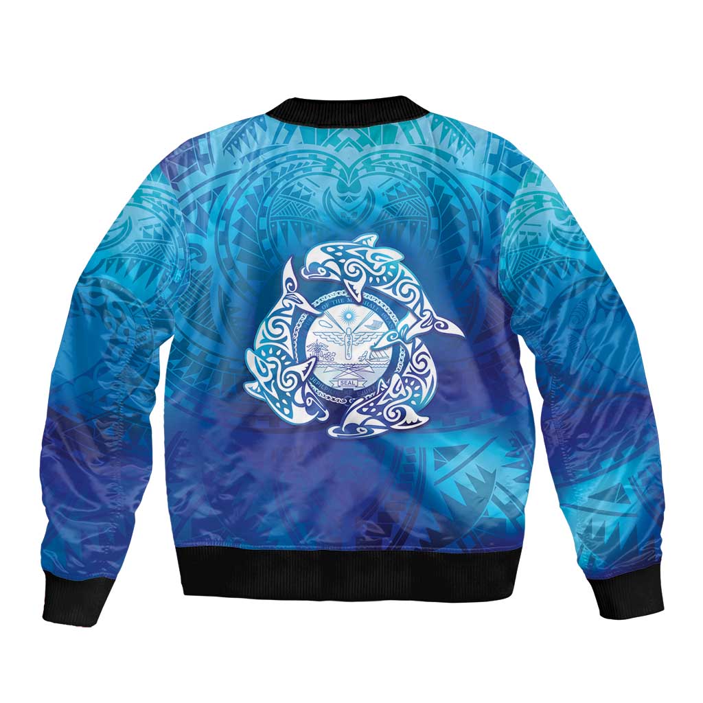 Marshall Islands Manit Day Sleeve Zip Bomber Jacket Tribal Dolphin With Marshall Seal - Polynesian Pride