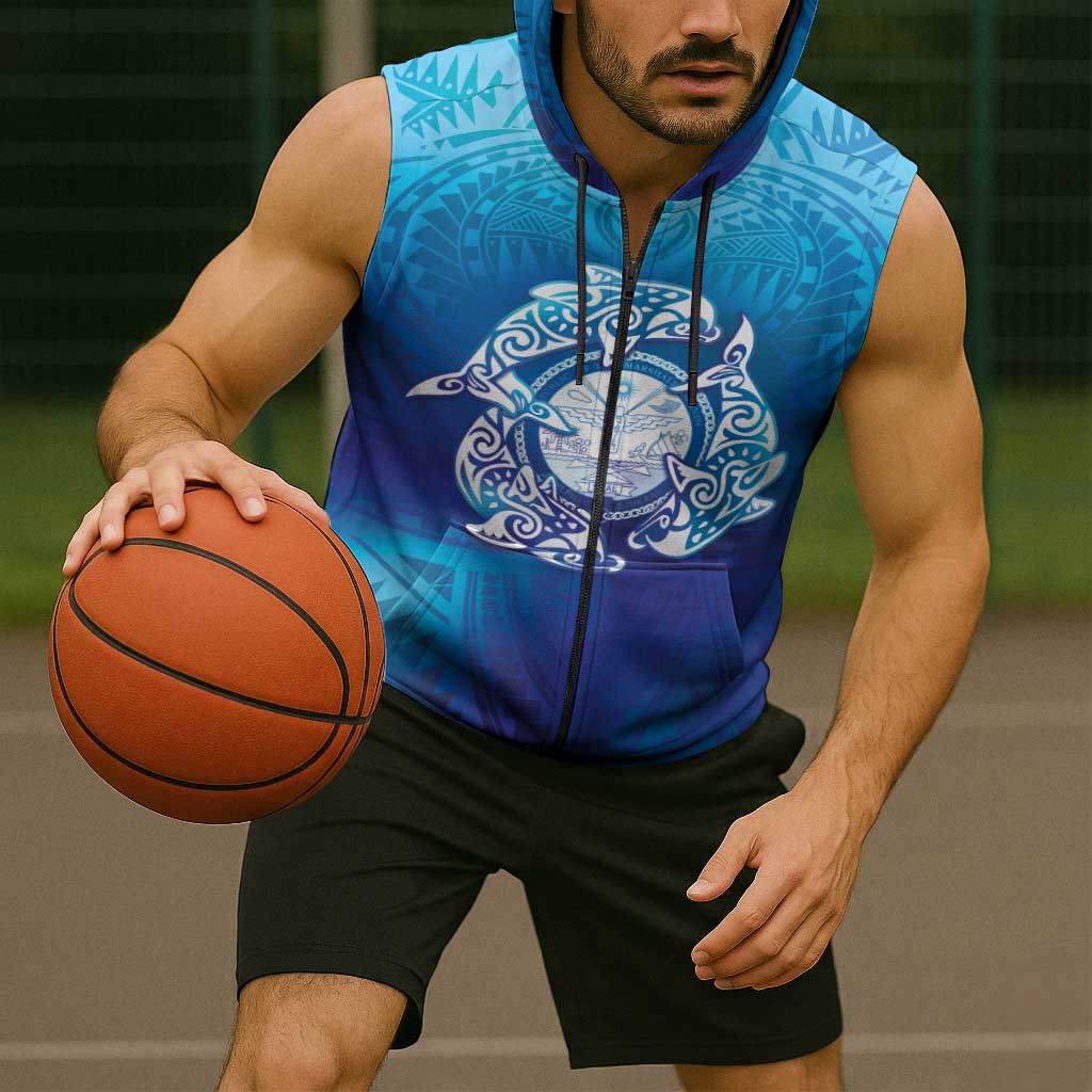Marshall Islands Manit Day Sleeveless Zip Hoodie Tribal Dolphin With Marshall Seal - Polynesian Pride
