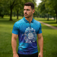 Marshall Islands Manit Day Zipper Polo Shirt Tribal Dolphin With Marshall Seal - Polynesian Pride