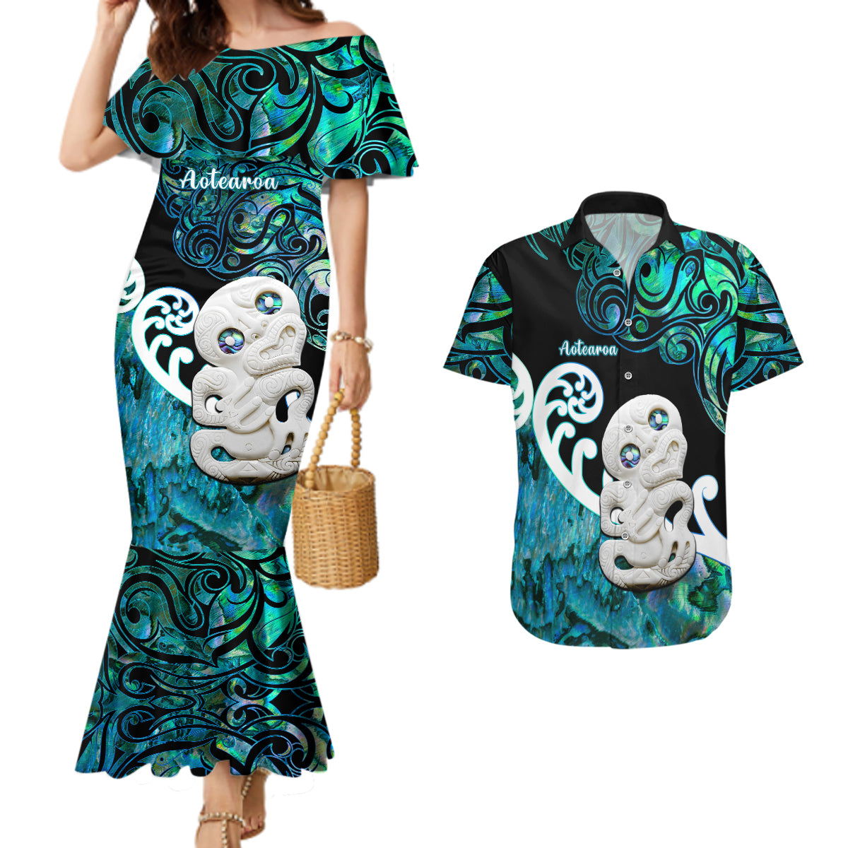 Aotearoa New Zealand Couples Matching Mermaid Dress and Hawaiian Shirt Paua Shell Fern Koru With Maori Hei Tiki LT05 Green - Polynesian Pride