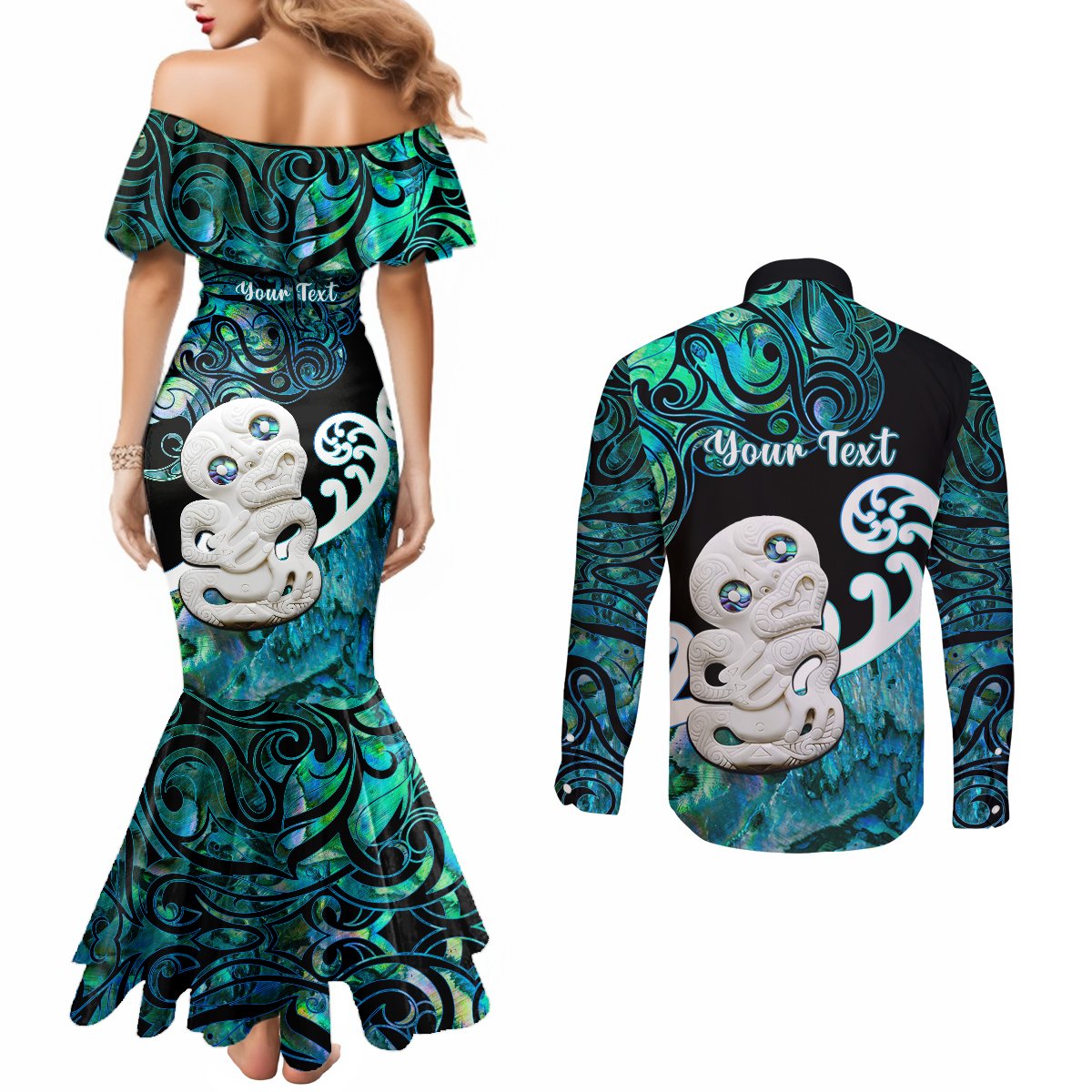 Personalized Aotearoa New Zealand Couples Matching Mermaid Dress and Long Sleeve Button Shirts Paua Shell Fern Koru With Maori Hei Tiki LT05 - Polynesian Pride
