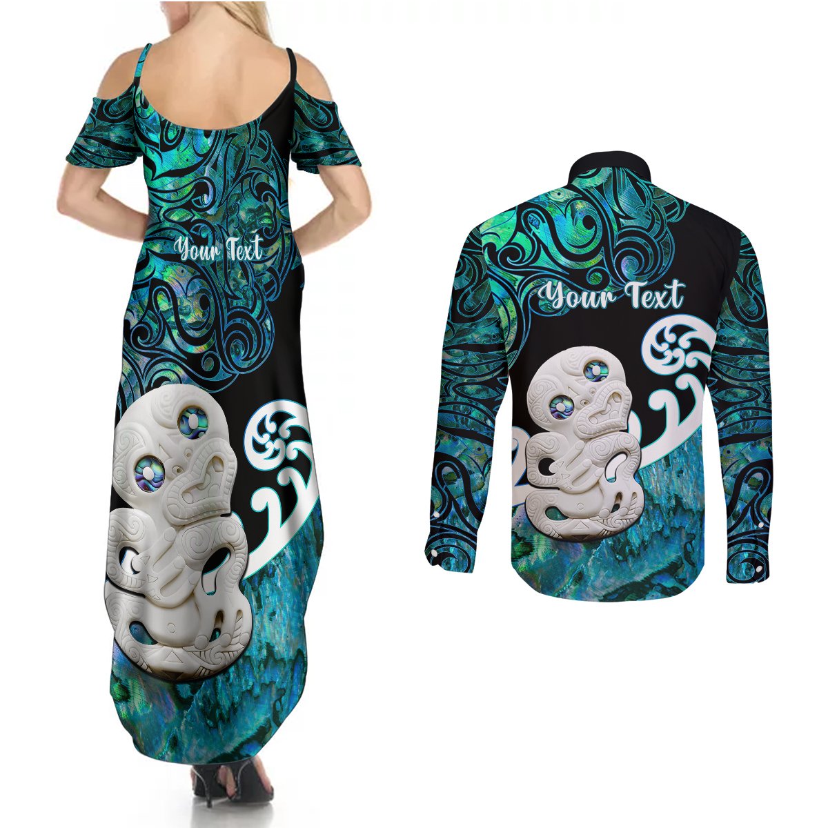 Personalized Aotearoa New Zealand Couples Matching Summer Maxi Dress and Long Sleeve Button Shirts Paua Shell Fern Koru With Maori Hei Tiki LT05 - Polynesian Pride