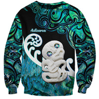 Personalized Aotearoa New Zealand Sweatshirt Paua Shell Fern Koru With Maori Hei Tiki LT05 Unisex Green - Polynesian Pride