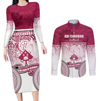 Personalized Adi Cakobau School Couples Matching Long Sleeve Bodycon Dress and Long Sleeve Button Shirts With Fijian Tapa Pattern LT05 Pink - Polynesian Pride