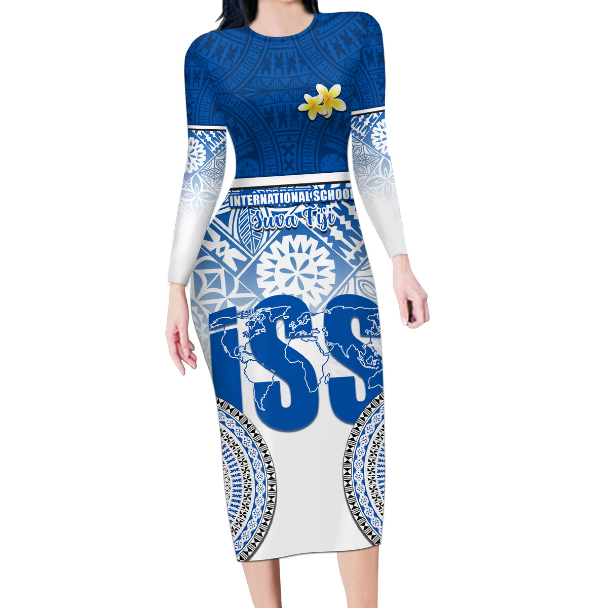 Personalized International School Suva Long Sleeve Bodycon Dress With Fijian Tapa Pattern LT05 Long Dress Blue - Polynesian Pride