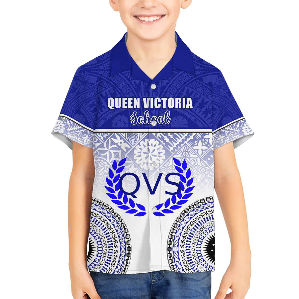 Personalized Queen Victoria School Family Matching Long Sleeve Bodycon Dress and Hawaiian Shirt With Fijian Tapa Pattern LT05 Son's Shirt Blue - Polynesian Pride